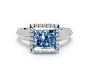 Halo Engagement Ring Setting for Fancy Blue Princess Cut Center with Knife Ridge Cathedral Band and Prong Head in Platinum
