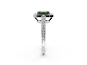 Bezel-Framed Halo Engagement Ring Setting for Fancy Green Emerald Cut Center with Pave Band and Prong Head in Sterling Silver