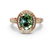 Halo Engagement Ring Setting for Fancy Green Oval Center with Framed Halo, Pave Band and Prong Head in Rose Gold