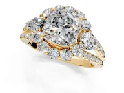 Halo Engagement Ring Setting for Cushion Cut Center with Two-Strand Split Shank and Prong Head in Yellow Gold