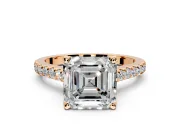 Solitaire Engagement Ring Setting for Asscher Cut Center with Widening Pave Band and Claw Prong Head in Rose Gold