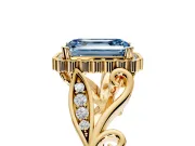 Halo Engagement Ring Setting for Fancy Blue Emerald Cut Center with Leaf Motif Split Shank and Prong Head in Yellow Gold