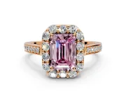 Floral Halo Engagement Ring Setting for Fancy Pink Emerald Cut Center with Large Halo Accents and Prong Head in Rose Gold