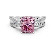 3 Stone Engagement Ring Setting for Fancy Pink Radiant Cut Center with Pave Twist Band and Prong Head in White Gold