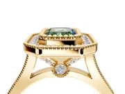 Halo Engagement Ring Setting for Fancy Green Emerald Cut Center with Milgrain Frame, Pave Band and Prong Head in Yellow Gold