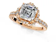 Halo Engagement Ring Setting for Asscher Cut Center with Openwork Halo, Pave Band and Prong Head in Rose Gold