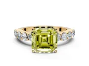 Shared-Prong Engagement Ring Setting for Fancy Yellow Asscher Cut Center with Graduated Accents and Prong Head in Yellow Gold