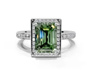 Halo Engagement Ring Setting for Fancy Green Emerald Cut Center with Metal-Rimmed Halo, Pave Band and Prong Head in White Gold
