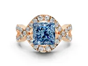 Halo Engagement Ring Setting for Fancy Blue Princess Cut Center with Pave Infinity Twist Band and Prong Head in Rose Gold
