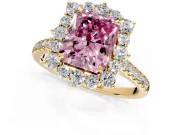 Halo Engagement Ring Setting for Fancy Pink Radiant Cut Center with Single-Row Pave, Open Basket and Prong Head in Yellow Gold