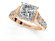 Solitaire Engagement Ring Setting for Princess Cut Center with Pave Cathedral Shoulders and Prong Head in Rose Gold