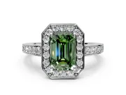 Bezel-Framed Halo Engagement Ring Setting for Fancy Green Emerald Cut Center with Pave Band and Prong Head in Sterling Silver