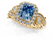Milgrain Halo Engagement Ring Setting for Fancy Blue Radiant Cut Center with Shoulder Bezels and Prong Head in Yellow Gold