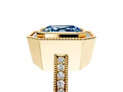 Halo Engagement Ring Setting for Fancy Blue Asscher Cut Center with Milgrain Halo, Pave Band and Prong Head in Yellow Gold
