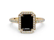 Halo Engagement Ring Setting for Fancy Black Emerald Cut Center with Pave Accents, Heart Basket and Prong Head in Yellow Gold