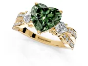 3 Stone Engagement Ring Setting for Fancy Green Heart-Shaped Center with Pave Twist Band and Prong Head in Yellow Gold