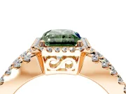 Halo Engagement Ring Setting for Fancy Green Radiant Cut Center with Wide-Open Pave Split Shank and Prong Head in Rose Gold