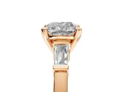 3 Stone Engagement Ring Setting for Cushion Cut Center with Channel Baguette Accents and Prong Head in Rose Gold
