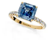 Solitaire Engagement Ring Setting for Fancy Blue Asscher Cut Center with Micro Pave Band and Prong Head in Yellow Gold