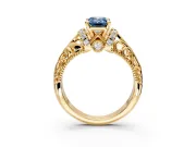 Solitaire Engagement Ring Setting for Fancy Blue Emerald Cut Center with Filigree Accent Basket and Prong Head in Yellow Gold