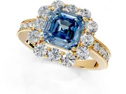 Halo Engagement Ring Setting for Fancy Blue Asscher Cut Center with Milgrain Channel Band and Prong Head in Yellow Gold