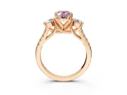 3 Stone Engagement Ring Setting for Fancy Pink Oval Center with Crossover Basket, Pave Band and Prong Head in Rose Gold