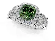 Milgrain Halo Engagement Ring Setting for Fancy Green Cushion Cut Center with Shoulder Bezels and Prong Head in Platinum