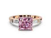 Bar-Set Engagement Ring Setting for Fancy Pink Princess Cut Center with Tapered Baguette Accents and Prong Head in Rose Gold