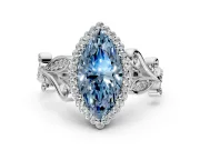 Halo Engagement Ring Setting for Fancy Blue Marquise Center with Leaf Motif Split Shank and Prong Head in Platinum