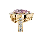 Halo Engagement Ring Setting for Fancy Pink Pear-Shaped Center with Heart-Shaped Openwork, Pave Band and Prong Head in Yellow Gold