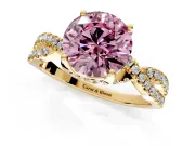 Solitaire Engagement Ring Setting for Fancy Pink Round Cut Center with Narrow Twist Pave Band and Prong Head in Yellow Gold