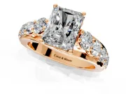 Solitaire Engagement Ring Setting for Radiant Cut Center with Graduated Shared Prongs and Prong Head in Rose Gold