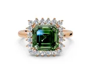 Starburst Halo Engagement Ring Setting for Fancy Green Asscher Cut Center with Thin Round-Wire Band and Prong Head in Rose Gold