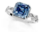 Vintage Station Engagement Ring Setting for Fancy Blue Asscher Cut Center with Accents and Prong Head in Platinum