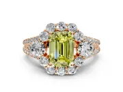 Halo Engagement Ring Setting for Fancy Yellow Emerald Cut Center with Two-Strand Split Shank and Prong Head in Rose Gold