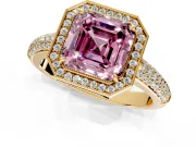 Milgrain Halo Engagement Ring Setting for Fancy Pink Asscher Cut Center with Three-Sided Pave Band and Prong Head in Yellow Gold