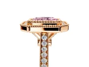 Halo Engagement Ring Setting for Fancy Pink Radiant Cut Center with Milgrain Frame, Pave Band and Prong Head in Rose Gold