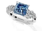 Cluster Engagement Ring Setting for Fancy Blue Princess Cut Center with 2-Row Shoulder Clusters and Prong Head in Platinum