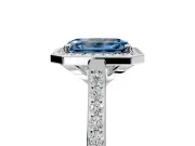 Halo Engagement Ring Setting for Fancy Blue Emerald Cut Center with Pave Accents, Heart Basket and Prong Head in Platinum