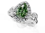 Halo Engagement Ring Setting for Fancy Green Pear-Shaped Center with Open Scroll Shoulders and Prong Head in Sterling Silver