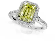 Halo Engagement Ring Setting for Fancy Yellow Emerald Cut Center with Pave Accents, Heart Basket and Prong Head in White Gold