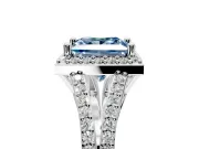 Halo Engagement Ring Setting for Fancy Blue Princess Cut Center with Pave Split Shank and Prong Head in Sterling Silver
