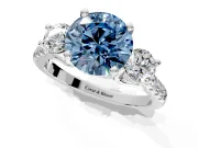 3 Stone Engagement Ring Setting for Fancy Blue Round Cut Center with Crossover Basket, Pave Band and Prong Head in Sterling Silver