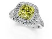 Double Halo Engagement Ring Setting for Fancy Yellow Cushion Cut Center with Narrow Pave Split Shank and Prong Head in Platinum