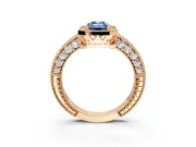Milgrain Halo Engagement Ring Setting for Fancy Blue Emerald Cut Center with Wide Pave Band and Prong Head in Rose Gold