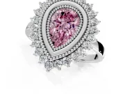Halo Engagement Ring Setting for Fancy Pink Pear-Shaped Center with Milgrain Bezel Rim, Plain Band and Prong Head in Platinum