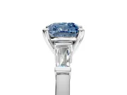 3 Stone Engagement Ring Setting for Fancy Blue Cushion Cut Center with Channel Baguette Accents and Prong Head in Platinum