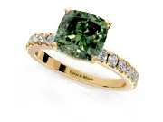 Solitaire Engagement Ring Setting for Fancy Green Cushion Cut Center with Fine Pave Band and Claw Prong Head in Yellow Gold
