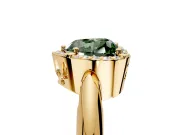 Halo Engagement Ring Setting for Fancy Green Heart-Shaped Center with Tapered Plain Band and Prong Head in Yellow Gold