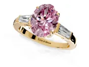 3 Stone Engagement Ring Setting for Fancy Pink Oval Center with Baguette Accents and Prong Head in Yellow Gold